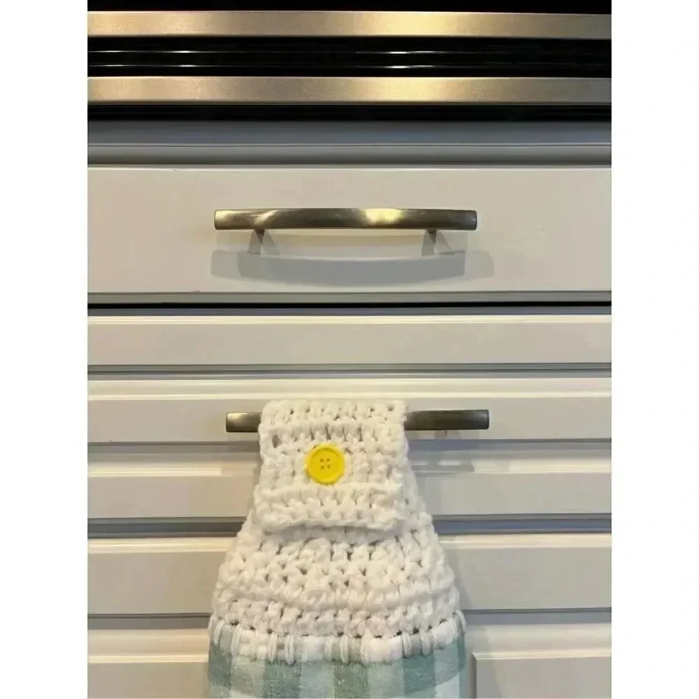 Crochet Top Kitchen Towel- Spring Makes Me Smile Happiness Flower Wreath Gingham